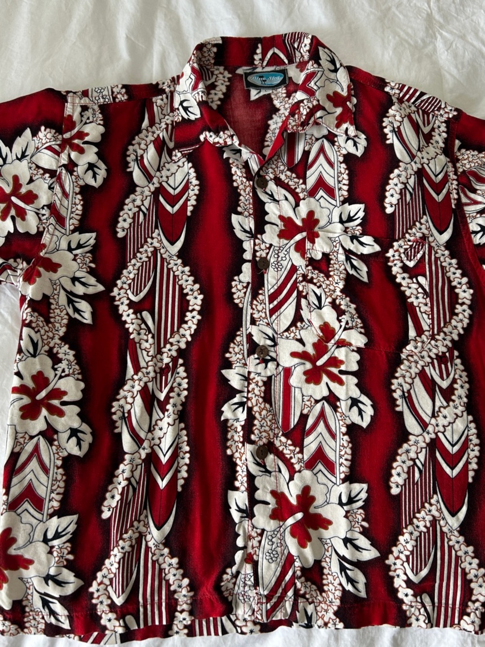 Blue Sky Red Floral-Print Short Sleeve Button-Down Shirt